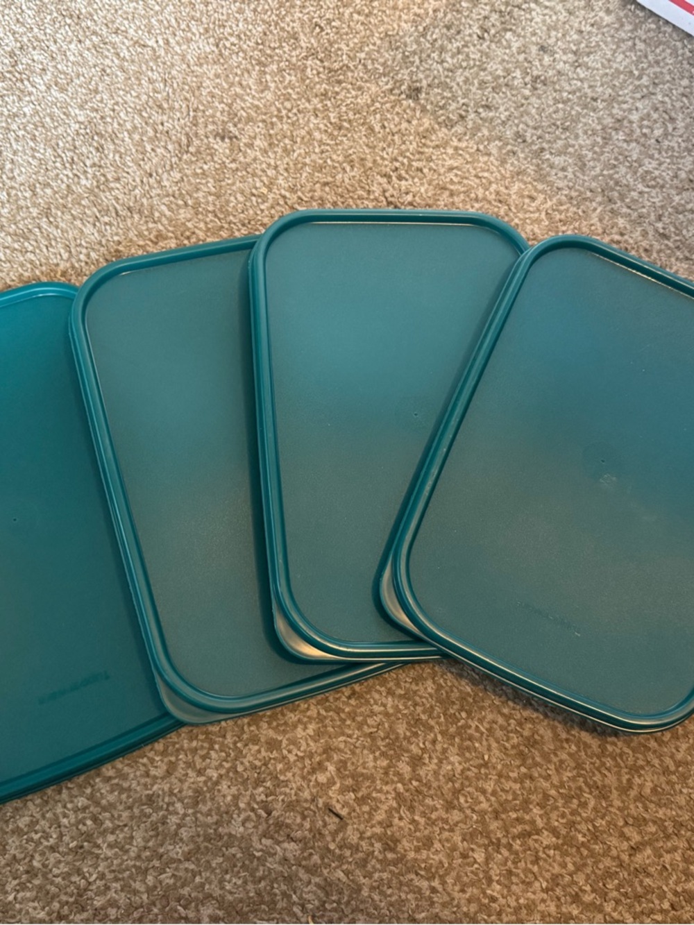 Set of 4 Mysterious green Tupperware Modular mate lids. Rectangle.